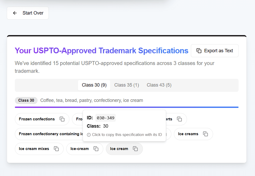 Draft USPTO compliant trademark specification with AI